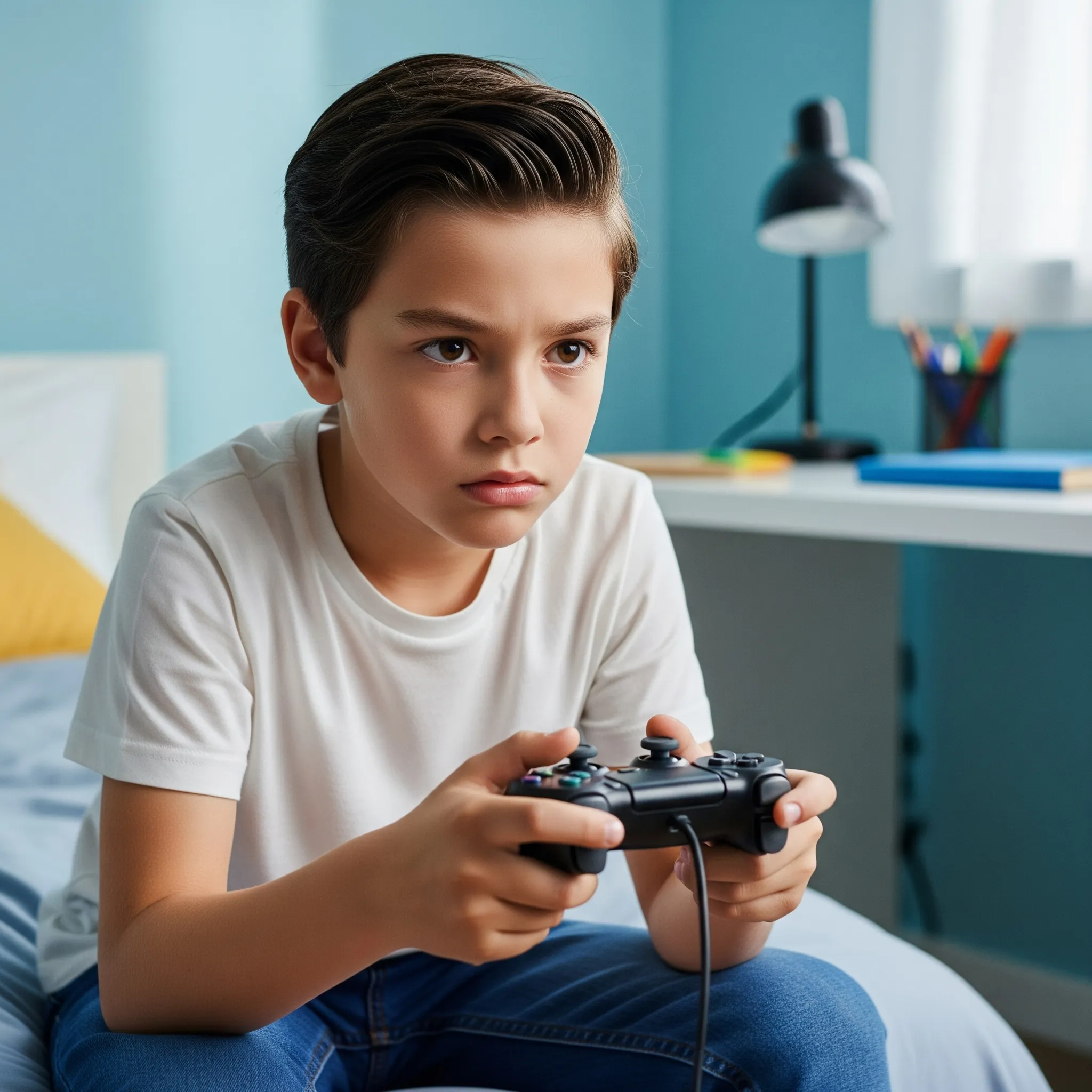 Enfant au visage fâché jouant à des jeux vidéo