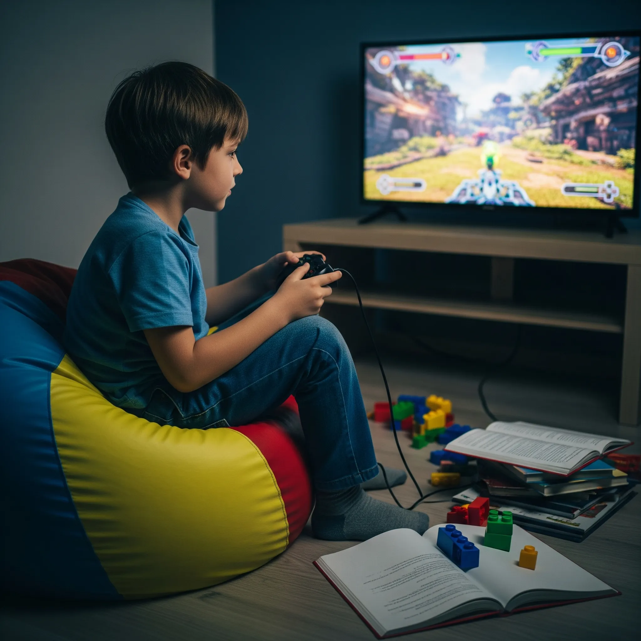Enfant jouant à des jeux vidéo dans sa chambre avec des livres et des blocs éparpillés sur le sol