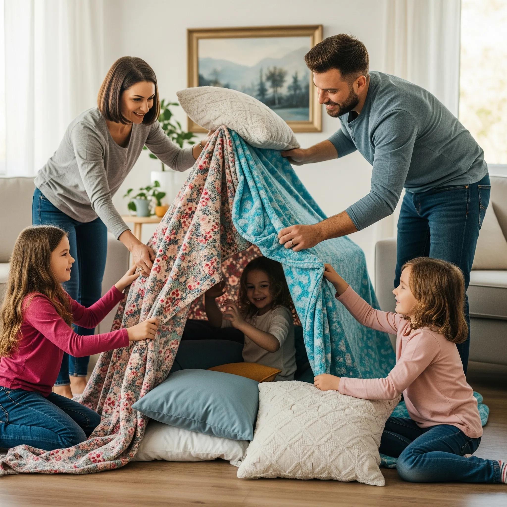 Une famille construisant une cabane avec des draps et des oreillers