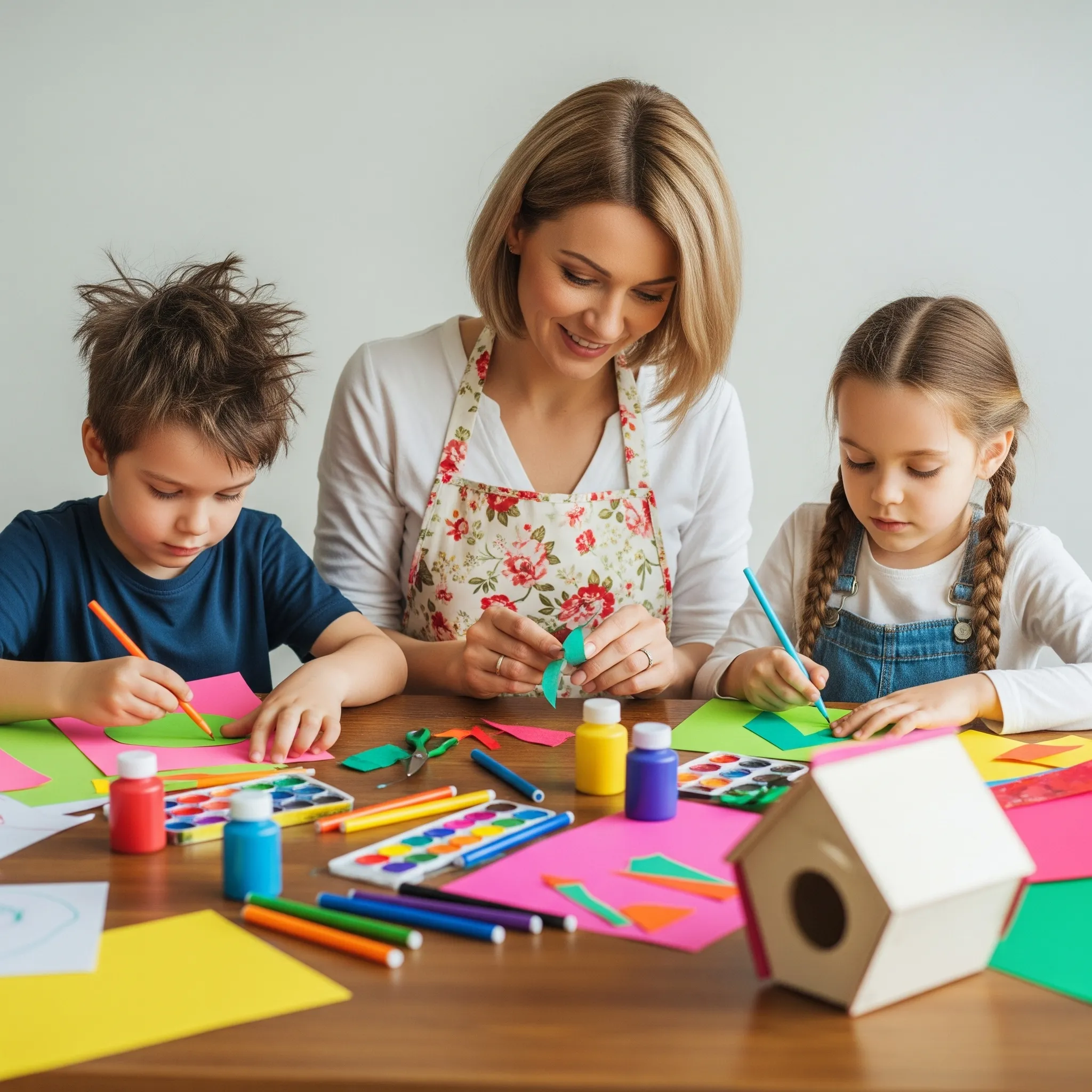 Une mère faisant du bricolage avec ses enfants