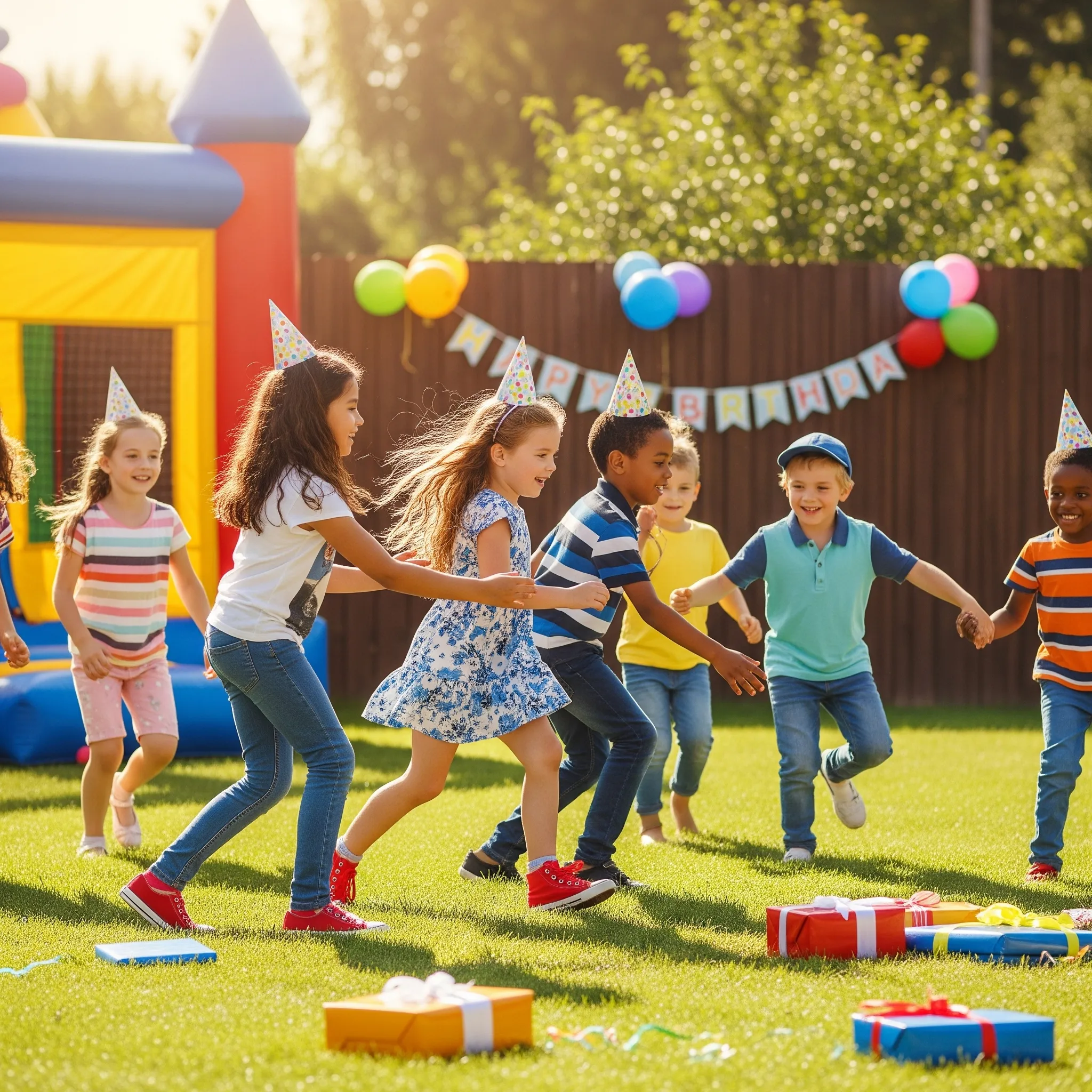 Un groupe d'enfants courant et jouant lors d'un anniversaire