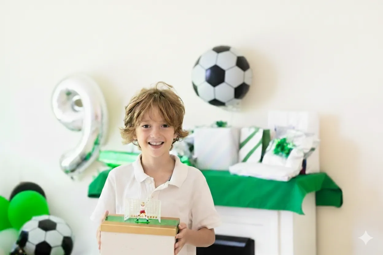 Un enfant avec son gâteau d'anniversaire sur le thème du football